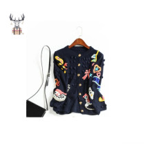 Embroidered Pattern Wool Blended Cardigan Women Knitted Coat